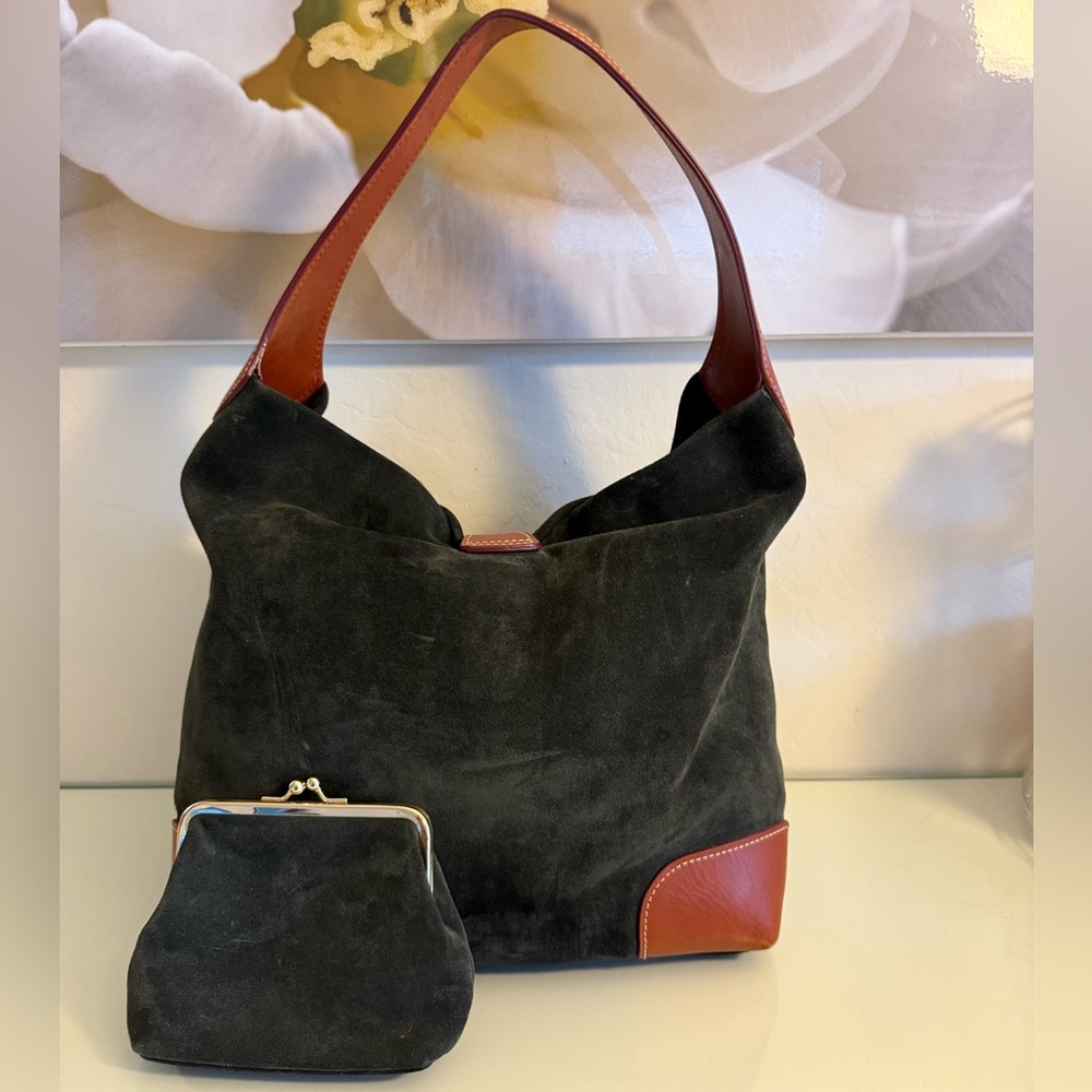 Large Dooney & Bourke Shoulder Bag - Black Suede, Leather accents, Red Interior - Picture 2 of 16